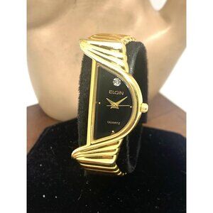 Elgin Women's Watch Vintage Half Moon Diamond Quartz Black Dial Gold Steel